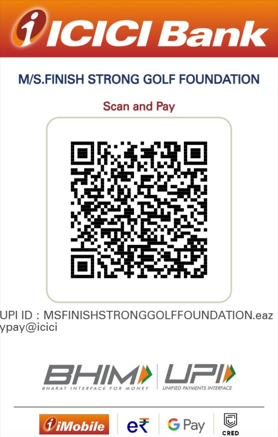 Scan and pay. UPI ID: MSFINISHSTRONGGOLFFOUNDATION.eazypay@icici